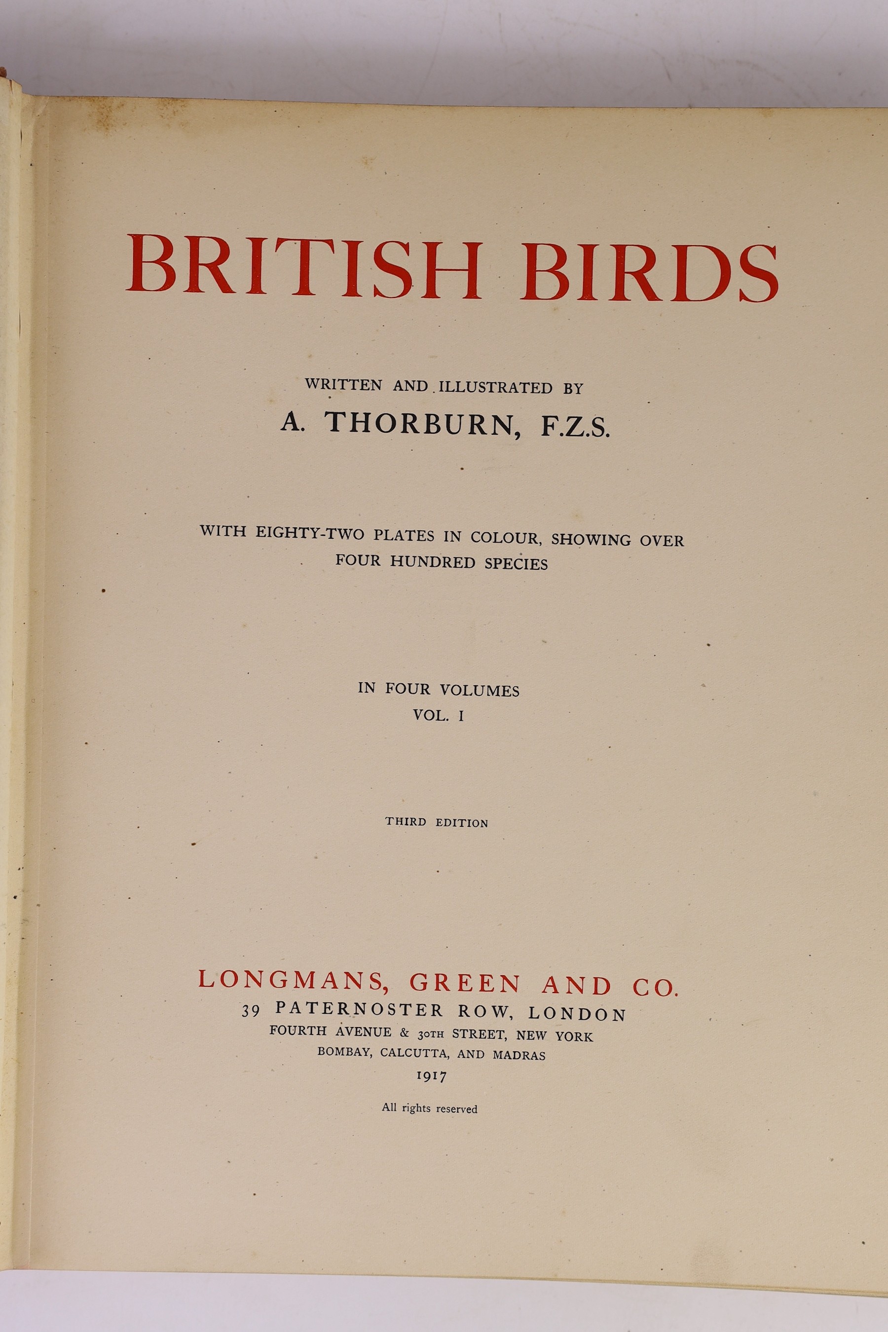 Thorburn, Archibald - British Birds, 4 vols, 4to, original red cloth, with 80 coloured plates, spines sunned, Longmans, Green and Co., London, 1917, uniformly bound with - Thorburn, Archibald - British Mammals, 2 vols, 4